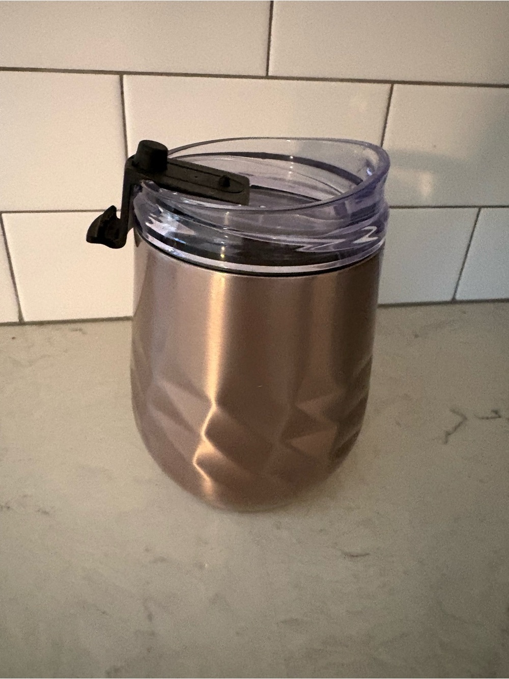 12 oz Rose Gold Faceted Insulated Wine Tumbler with Lid | Stainless Steel Travel
